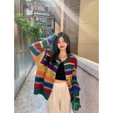 Vevesc Rainbow Striped Knitted Cardigan Women Harajuku Oversized Sweater Coat Vintage Streetwear Loose Knitwear Casual Jumpers