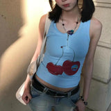 Vevesc  Cherry Graphic Print Crop Top Tank Women Summer Vest T Shirt e-girl harajuku fairycore 2000s y2k grunge aesthetic korean clothes