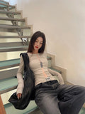 Vevesc Harajuku Gauze Patchwork Grunge Shirt Y2k Aesthetic Bodycon Sexy See Through Fairy Tshirt Women Streetwear Vintage Tops Autumn