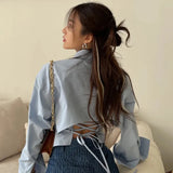 Vevesc Korean Bandage Shirt Women Fashion Backless Sexy Blouse Office Ladies Casual Slim Chic Turn Down Collar Long Sleeve Tops