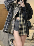 Vevesc Women Patchwork Plaid Shirts and Blouses Y2k Vintage Korean Harajuku Fashion 90s Elegant Long Sleeve Polo-Neck Shirt Top Clothes