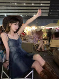 Vevesc  Vintage Gyaru Denim Dresses Summer Female Slim Bandage Raw Edge Sleeveless Tank Dress Design Streetwear Women's Clothing