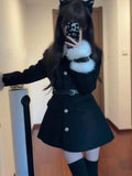 Vevesc Patchwork Woolen Coat Dress for Women Autumn New Slim Waist Dresses Y2k Long Sleeve Fur Lapel Neck Vestidos Mujer