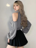 Vevesc Y2K Vintage Gray Cropped Hoodies Women Harajuku Sexy Off Shoulder Sweatshirts Korean Loose Casual Chic Tops Gothic Kpop