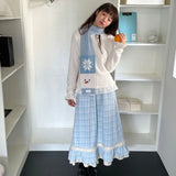 Vevesc Japanese Sweet Lace Ruched High Waist A-line Blue Y2K Patchwork Edible Tree Fungus Cake Skirts Ruffles Women Plaid Skirt Folds