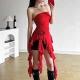 Vevesc Flower-applique Ruffle Asymmetrical Dress Red Black Y2k Sexy Strapless Short Dresses For Women Summer Clothes