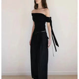 Vevesc  Asymmetrical Off Shoulder Bow Lace Up T-shirt Women Summer Sexy Folds Slim Fit Y2k Tops Fashion Spicy Girls Party Tees