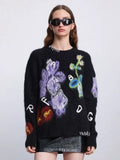 Vevesc Sweaters Women Loose Knitted Sueter Mujer O Neck Long Sleeve Pullovers Y2k Black Floral Print Korean Vintage Streetwear