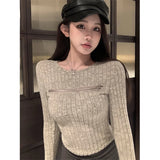 Vevesc Streetwear Cropped Sweater Women Sexy Hollow Out Knitted Pullovers Y2K Club Korean Zipper Knitwear Long Sleeve Slim Jumper