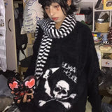 Vevesc Black Gothic Skulls Sweater Grunge Dark Aesthetics Knitted Jumper V-neck Harajuku Loose Mohair Pullover Emo Alt Knitwear Y2k