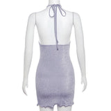 Vevesc Purple Glitter Sexy Summer Dress 2024 Frill Hollow Out Halter Mini Dresses For Women Night Club Rave Festival Outfits