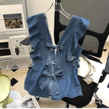 Vevesc  French Chic Y2k Vest Shirts V Neck Sleeveless Ruffles Backless Lace Up Denim Blouses Summer 2000s Harajuku Design Girl Clothing