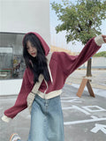 Vevesc Streetwear Cropped Hoodies Women Vintage Oversized Patchwork Sweatshirt Harajuku Korean Zipper Loose Casual Jacket Tops