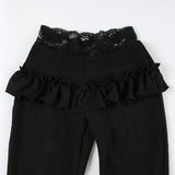 Vevesc  Lace Patchwork A-line Skirt Flared Pants Black Sweet Casual Basic Bootcut Pants Y2K Aesthetic Jogging Trousers Women