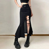 Vevesc Gothic Black Sexy Split Midi Skirts Y2K Summer Korean Slim Bandage A Line Skirts Female High Waist Streetwear All Match Skirts