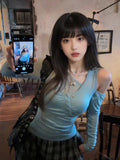 Vevesc Two-piece Suit Y2k Aesthetic Women T-shirt Streetwear Grunge Pleated Button Vest 2025 Autumn Casual Skew Collar Tee Shirts Outer