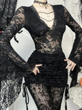 Vevesc Gothic Autumn New Halloween& Party Dark Wind Temperament Lace V-Neck Bead Chain Top Women