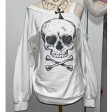 Vevesc American Harajuku Off The Shoulder Sling Loose T Shirts Y2k Aesthetic Skull Print Long Sleeve Spring Sweatshirts Punk Clothes