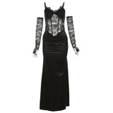 Vevesc Lace Satin White Party Dresses Women Elegant Sexy V Neck Backless Maxi Dress with Gloves