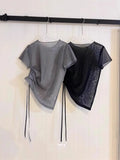 Vevesc Korean Fashion Drawstring Ruched T-shirts Summer New O-neck Tops Women Y2k See Through Mesh Short Sleeve Tee Shirt
