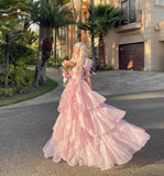 Vevesc Pink Princess Prom Dresses Sweetheart Short Sleeves Ruffles Graduation Party Dress Long Exquisite Quinceanera Gowns