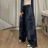 Vevesc American Vintage Washed Street Jeans for Women Y2k Grunge Loose Wide Leg Pants 2024 Spring New Blue Straight Trousers