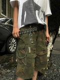 Vevesc Oversize American Street Hole Camouflage Shorts for Women New Loose Calf- Length Pants Y2k High Waist Wide Leg