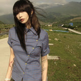 Vevesc American Harajuku Personality Lrregular Buttons Japanese Blouse Temperament Vintage Constrast Color Plaid Shirt Y2k 2000s Clothe