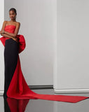 Vevesc Couture Black&Red Stretchy Long Evening Dresses With Big Bow Strapless Fashion Formal Party Dress Maxi Gowns