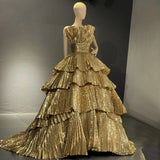 Vevesc Gold A-Line Ruffles Scalloped Neck Evening Dresses Customized  Couture Elegant Party Gowns For Women