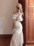 Vevesc  French Sexy Matching Sets Slash Neck Ruffles Sleeveless Crop Tops High Waist Gauze Patchwork Skirt Summer Elegant Women Clothing