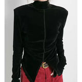 Vevesc Turtleneck Tshirts Women Front Side-slit Solid Color Soft Female Long Sleeve Tops Leisure Tees Autumn All-match Irregular Slim