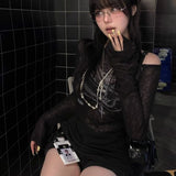 Vevesc New High Street Slash Ncek Fashion Popular Tops Punk Harajuku Print Spring Autumn American Clothes Y2k 2000s Sexy Slim Tees