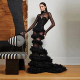 Vevesc Sexy See Thru Black Mermaid Long Maxi Gowns Full Sleeves High Collar Women Formal Party Dresses With Fluffy Tiered Tulle Gowns