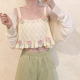 Vevesc Cute Tops Women Summer Hook Flowers Decorated Retro Loose Knitted Crop Top for Sweet Girl Beige Camis Kawaii Clothes