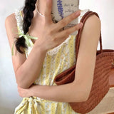Vevesc  French Floral Print Sleeveless Dress Women Spliced Lace Bandage Waist A-line Long Dresses Summer Fairy Sweet Beach Robe