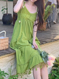 Vevesc Summer Green Designer Kawaii Dress Women Korean Style Elegant Beach Dress Female Backless Vintage Casual Suspender Dress