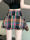 Vevesc Fashion Vintage Shorts Bow Patchwork Plaid Irregular Contrast Color High Waist Mini Skirts Summer Female Slim Women's Clothing