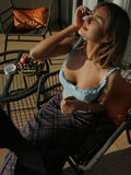 Vevesc  Vacation Elegant Contrast Patchwork 2 Piece Set Women Sexy See Through Camisole+Plaid Skinny Skirts Beach Party Suits