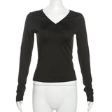Vevesc See Through Women‘s T-Shirt Mesh Print Patchwork V Neck Fitted Long Sleeve Top Black Y2k Sexy Tshirts Graphic Tees