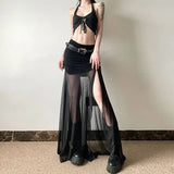 Vevesc Fashion Street Mesh Patchwork Skirts Y2kGrunge High Waist Split Skirt For Women 2024 Summer New Black Faldas Sexy Mujer