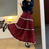 Vevesc Vintage Y2k Long Skirt Women Red Harajuku Streetwear Plaid Skirt Korean Style Retro Patchwork Ruffle Skirts Aesthetics