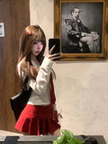 Vevesc Pure Lust Style Womens Suit Short V Neck Pleated Long Sleeved Shirt A Line Skirt Short Skirt Korean JK Uniform Two Piece Set