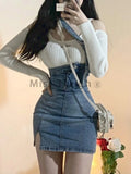 Vevesc Blue Vintage Knitted Two Piece Set Women Sexy Denim Party Mini Skirt Set Female Split Casual Fashion Skirt Suit Autumn New