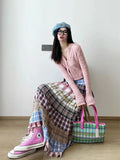 Vevesc Ethnic Style Plaid Pattern Patchwork Half Length Skirt Women Summer Vintage Contrasting Colors Loose Office Lady All-match Skirt