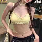 Vevesc Streetwear Backless Vintage Lace Jacquard Tank Women Y2k Aesthetic See Through Top Tanks Summer Grunge Yellow Crop Camisoles