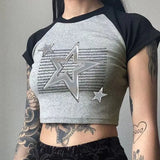 Vevesc Punk American Vintage O Neck Short Sleeve Crop Top Vintage Gothic Y2k Aesthetic Women Clothing High Street Star Print Shirts