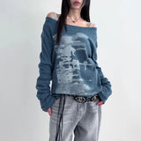 Vevesc Autumn Harajuku Women Printing Tees Vintage Streetwear Grunge Skew Collar Tops Y2k Aesthetic Loose Casual Hiphop Vintage Tops