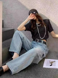 Vevesc  Women's Simple High Waist Wide Leg Denim Jeans Pant Solid Light Blue Washed Baggy Pant Spring Casual Daily Streetwear Trousers