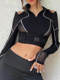 Vevesc Grunge Patchwork Gauze Harajuku Crop Tops Women Y2k Aesthetic Zipper Slim Fit Tees Streetwear Vintage Fairy Hollow Out T-shirts